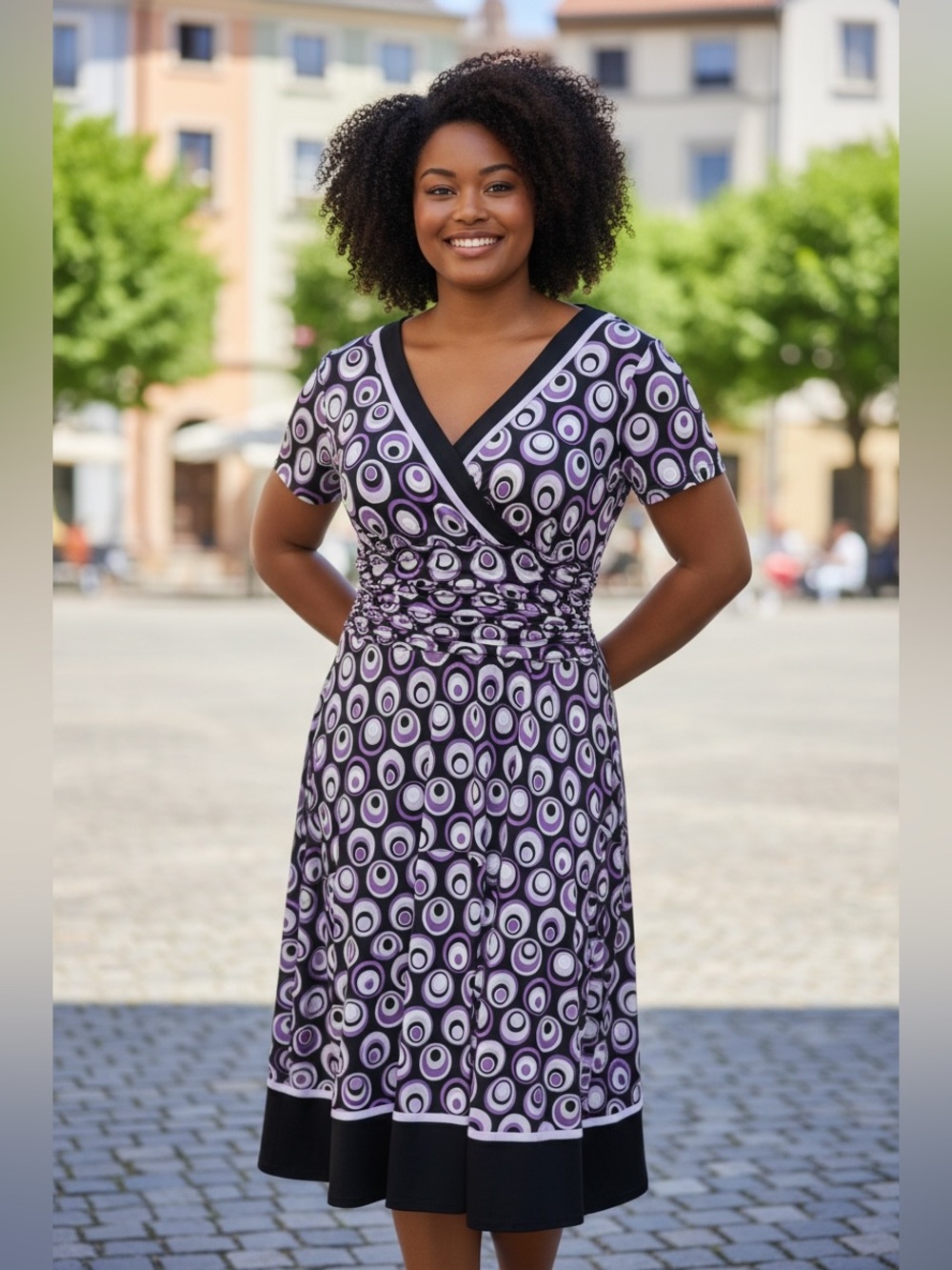 Sandra Darren Purple & Black Geometric Wrap Dress, size 10